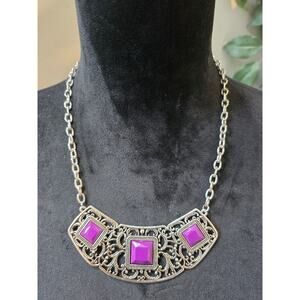 Women's Vintage Statement Necklace With Purple Stones And Lobster Clasp Lock